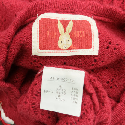 ピンクハウス★モチーフいっぱい♪透かし編みカーディガン 赤系 リボンも♪前開き 厚手 z23167