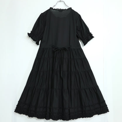 【美品】ピンクハウス★ふんわりフォルム♪華やかローンワンピース 黒系 裾段々&サテンリボン♪無地 z22172