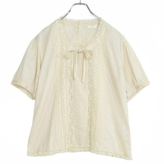 【美品】ピンクハウス★お花のレース使い♪ふんわりローンブラウス エクリュ系 ピコレース&リボン♪z23105