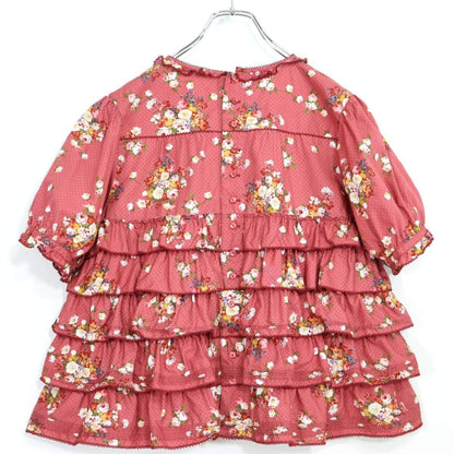 【美品】ピンクハウス★かぶせ段々フリル♪ドットと花柄のふんわりブラウス 赤紫系 ピコレース&リボン♪薄手 z21087