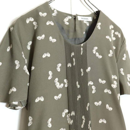 【美品】インゲボルグ★蝶々プリント♪ピンタックワンピース グレー系 ゆったりシルエット z14352