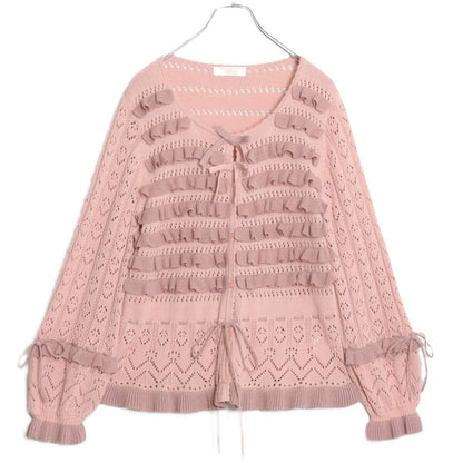 【美品】ピンクハウス★可憐に華やぐ♪段々フリル 透かしニットカーディガン サーモンピンク系 リボン&透かし編み ＊z19322