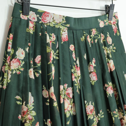 【美品】インゲボルグ★薔薇pt♪タック使いギャザースカート モスグリーン系 光沢あり♪薄手 z21478