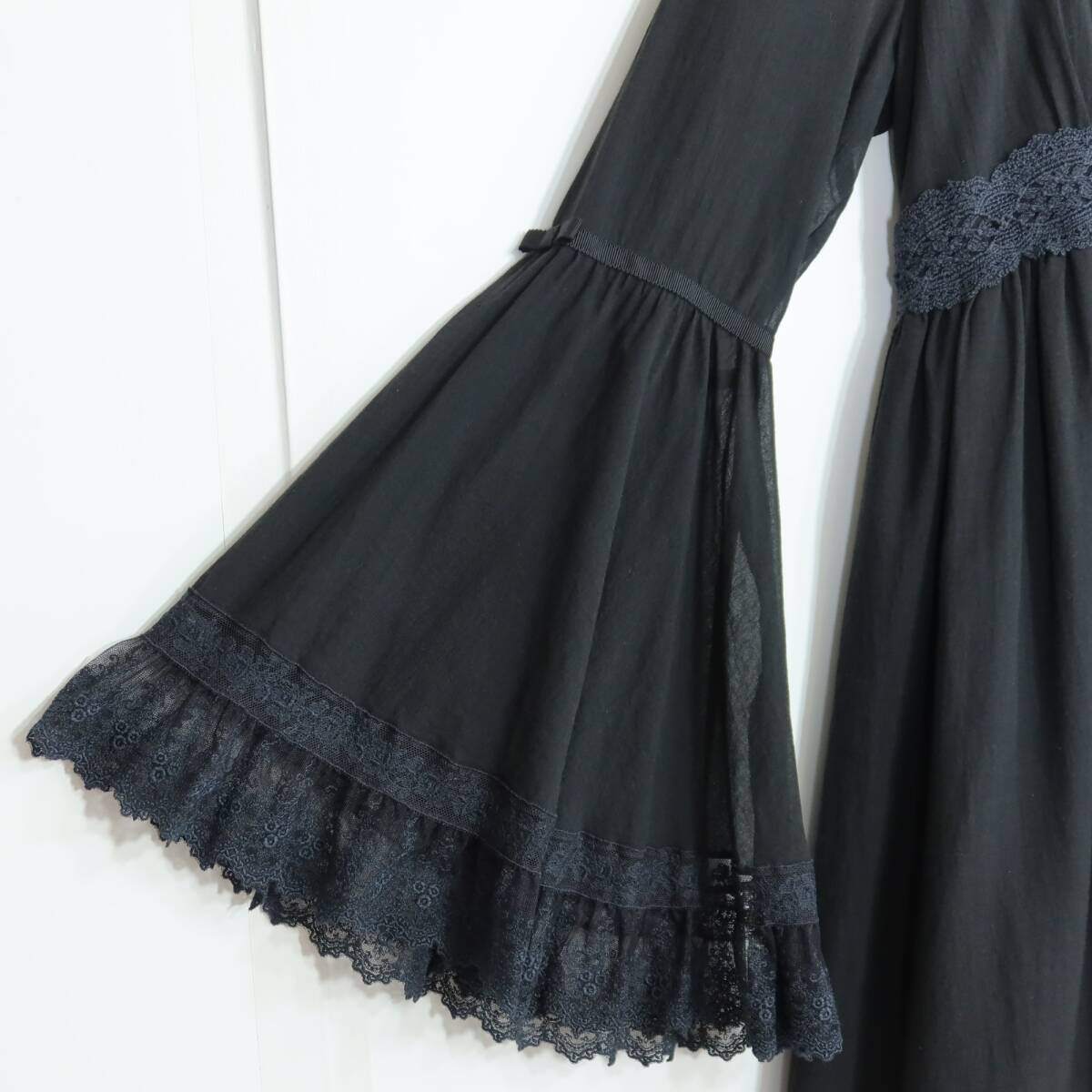 【極美品・紙タグ有】ピンクハウス★チュールレース使い♪ベルスリーブワンピース サイズM 黒系 無地 z20816
