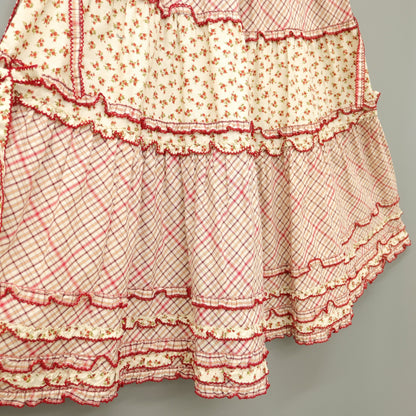【美品】ピンクハウス★オリチェ&小花pt♪パッチワークスカート エクリュ×赤系 段々フリル&リボン♪薄手 z23150