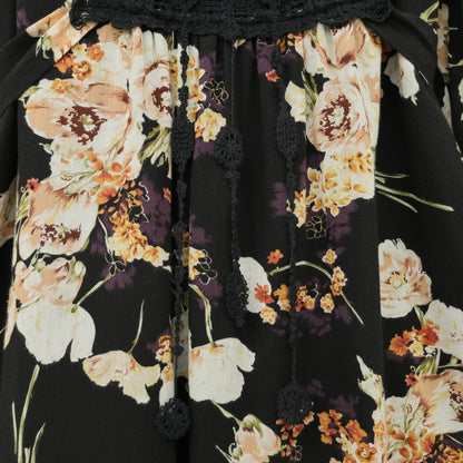 インゲボルグ★胸元レース使い♪花柄シフォンワンピース サイズ9 黒系 薄手 z23318