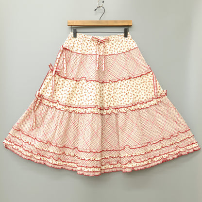 【美品】ピンクハウス★オリチェ&小花pt♪パッチワークスカート エクリュ×赤系 段々フリル&リボン♪薄手 z23150