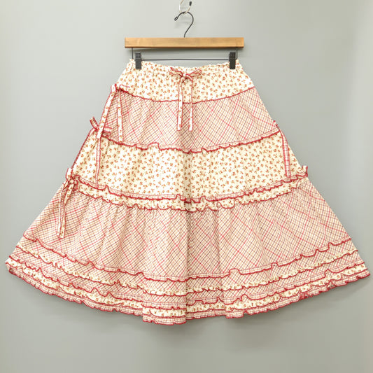 【美品】ピンクハウス★オリチェ&小花pt♪パッチワークスカート エクリュ×赤系 段々フリル&リボン♪薄手 z23150