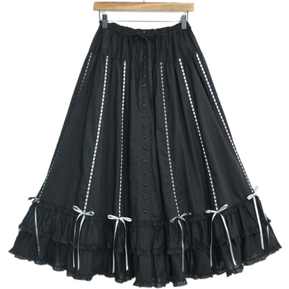 【極美品】ピンクハウス★配色リボンデコレーション♪ローンギャザースカート 黒系 前開き 裾かぶせ段々♪2024年 z22694