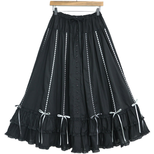 【極美品】ピンクハウス★配色リボンデコレーション♪ローンギャザースカート 黒系 前開き 裾かぶせ段々♪2024年 z22694