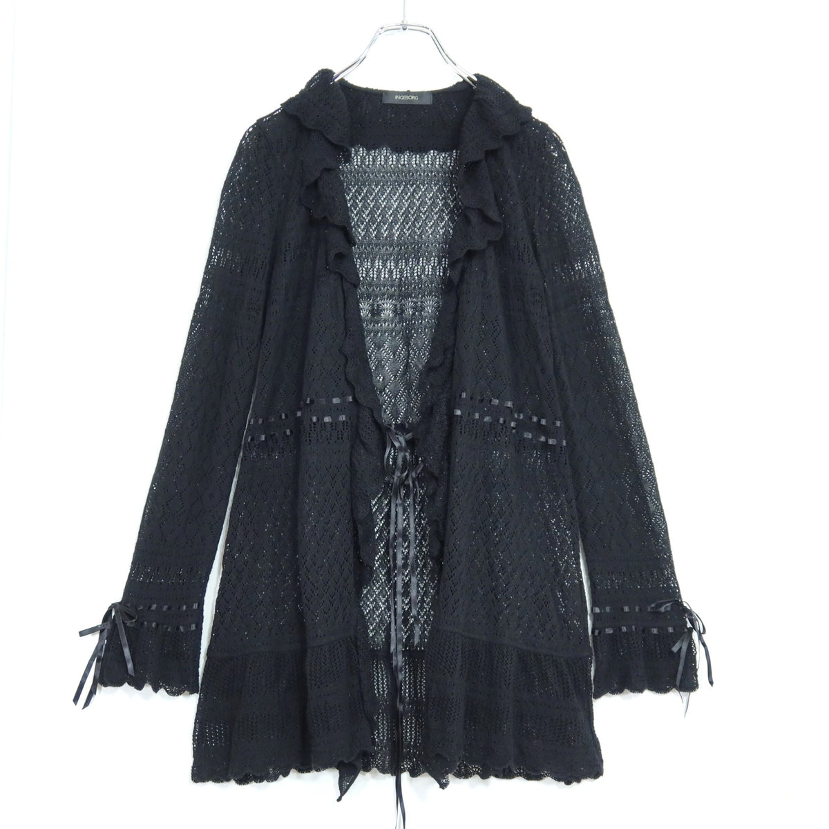 【美品】インゲボルグ★上品な透かし編みが素敵♪フリル付き ロング カーディガン サイズ9号 黒系 z20723