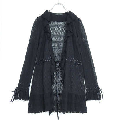 【美品】インゲボルグ★上品な透かし編みが素敵♪フリル付き ロング カーディガン サイズ9号 黒系 z20723