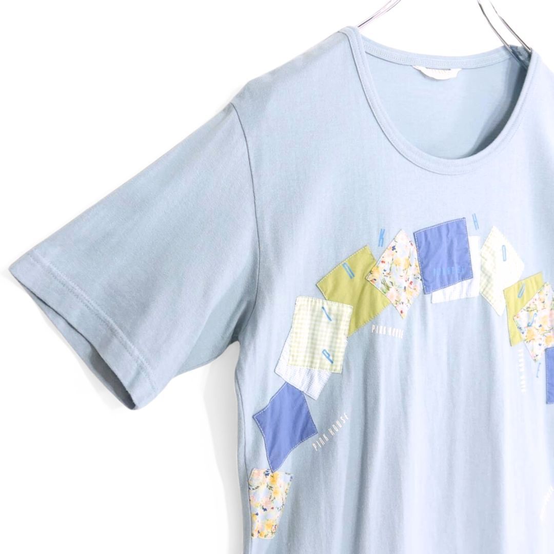 ピンクハウス★たっぷりパッチワーク♪お花とチェック柄 ロゴプリント Tシャツ 大きいサイズL 水色系 z20097