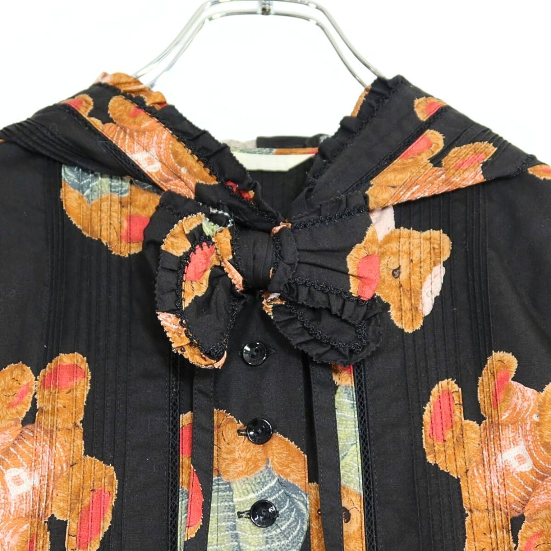 【美品】ピンクハウス★可愛い！セーターくまpt♪フード付きワンピース 黒系 前開き リボン&はしごレース♪薄手 z19593