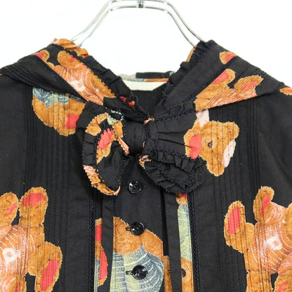【美品】ピンクハウス★可愛い！セーターくまpt♪フード付きワンピース 黒系 前開き リボン&はしごレース♪薄手 z19593