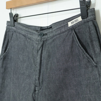 ピンクハウス★裾段々フリル♪綿麻クロップドパンツ 大きいサイズL 黒系 無地 z22347