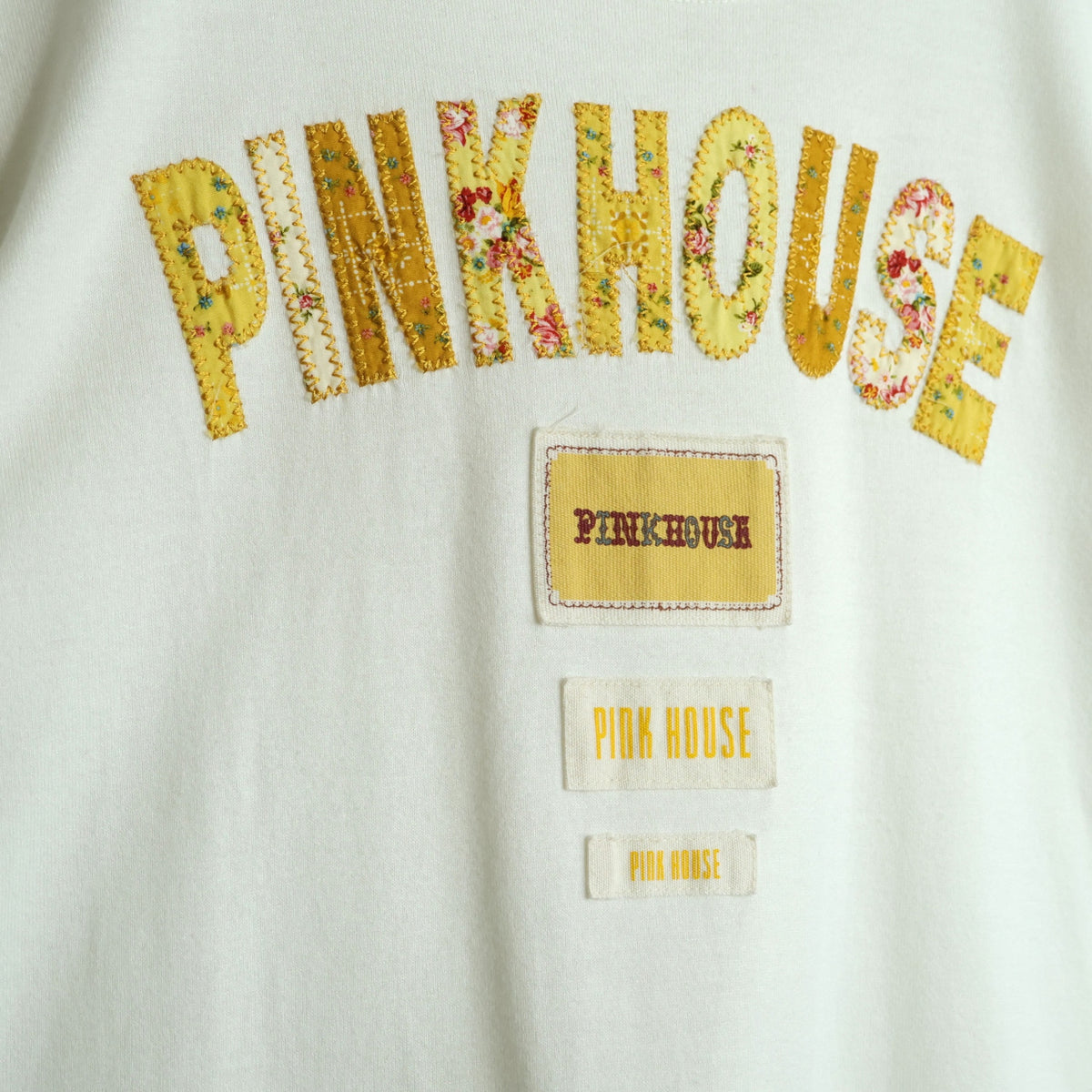 ピンクハウス★花柄パッチワーク&ワッペン♪半袖カットソー Tシャツ サイズM 白系 無地 z21928