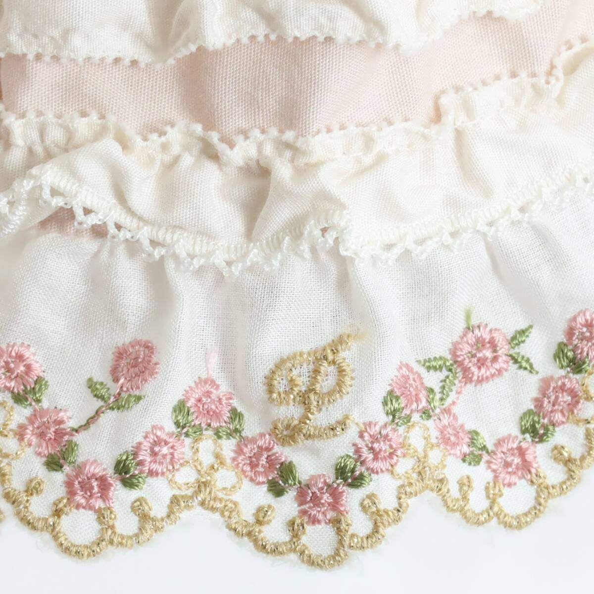ピンクハウス★繊細！薔薇刺繍&フリル♪配色使いチュニックブラウス ピンク系 前開き 薄手 無地 ＊z19313