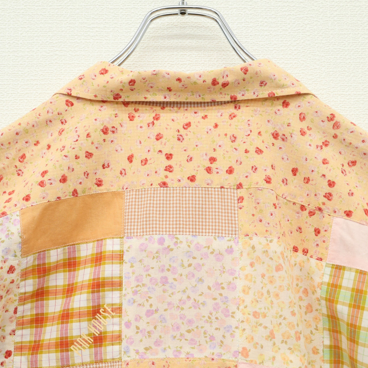 ピンクハウス★総パッチワーク♪開襟シャツ ブラウス ピンク×オレンジ系 前開き オリチェ&ギンガム&花柄♪z23211