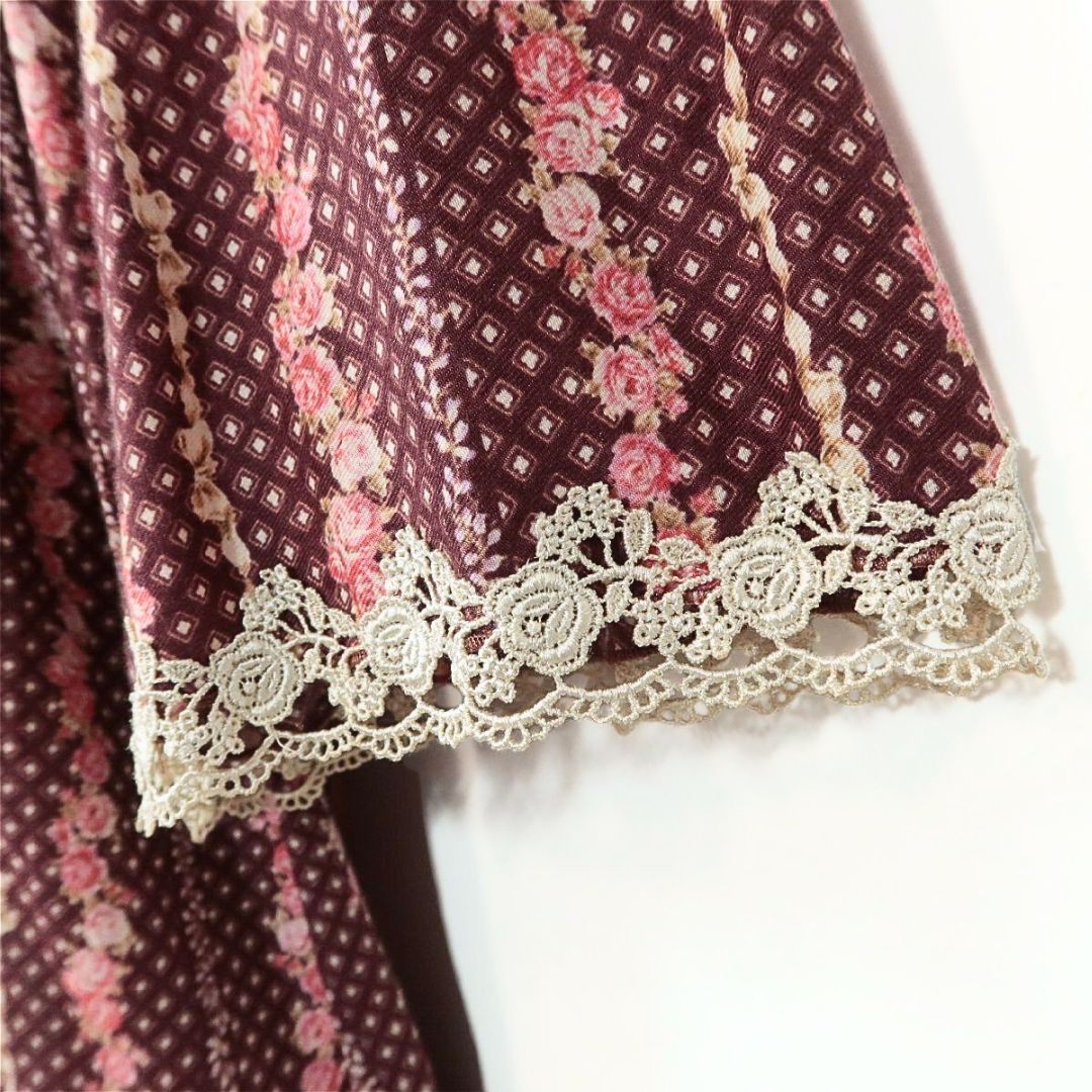 【美品】ピンクハウス★可愛い♪ローズ柄のブラウス チュニック レースアップ♪フリル&ローズのレース付き♪赤茶系 z7899s