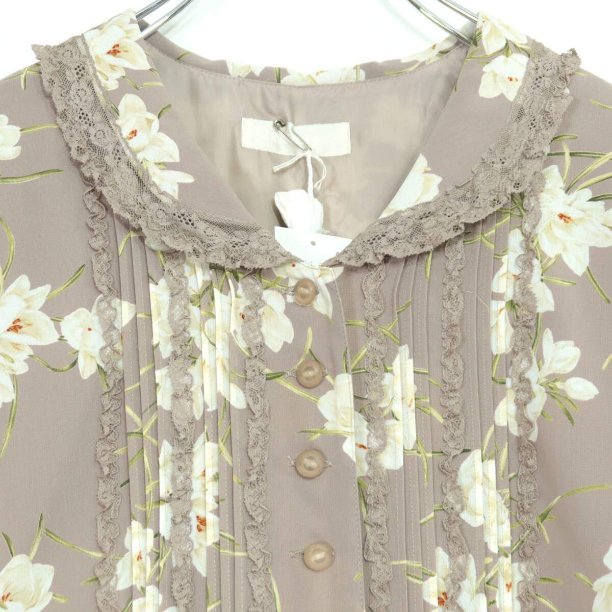【美品】インゲボルグ★上品！レースフリル使い♪花柄ワンピース 半袖 薄茶系 残布有 薄手 ＊z20067