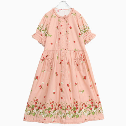【極美品】ピンクハウス★いちごpt♪ふんわり半袖ワンピース ピンク系 前開き はしごレースも♪2025年製 z22281