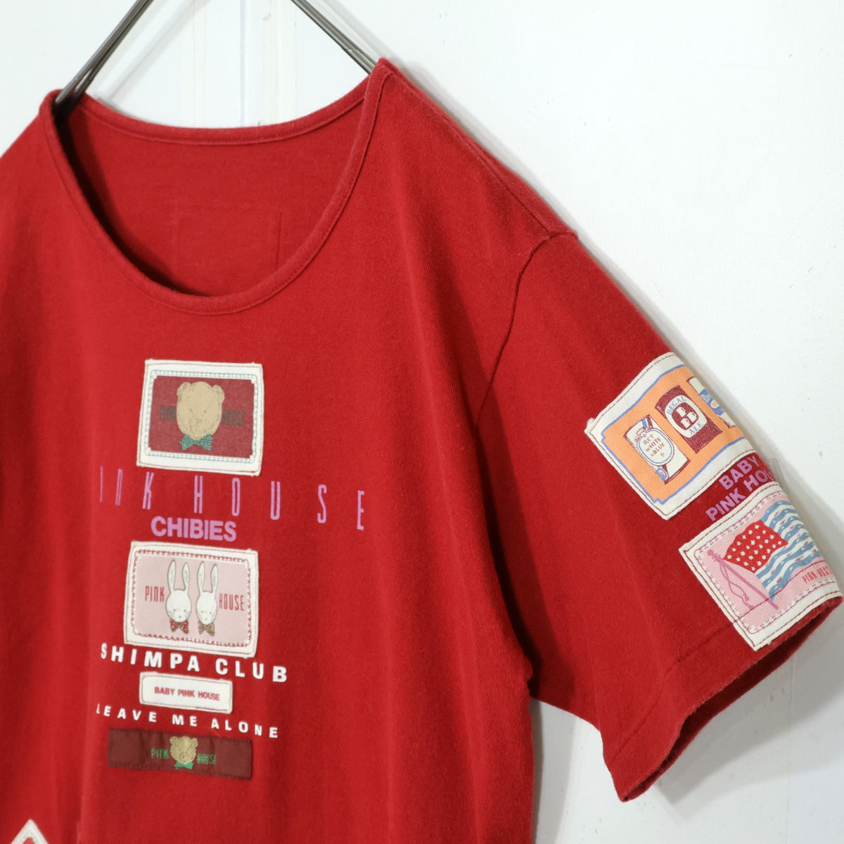 ベビーピンクハウス★ワッペンいっぱい♪半袖Tシャツ 前ポケット キューピー ぬいぐるみクマ ウサギ パフェ サイズL(120cm) 赤系 z21893
