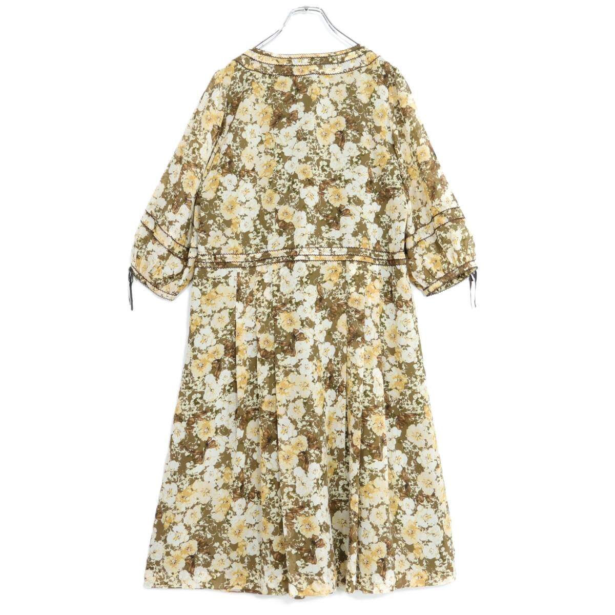 【美品】インゲボルグ★大人フェミニン♪シックな花柄シフォンワンピース サイズ9 緑×茶系 薄手 z21349