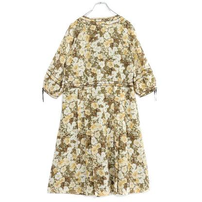【美品】インゲボルグ★大人フェミニン♪シックな花柄シフォンワンピース サイズ9 緑×茶系 薄手 z21349