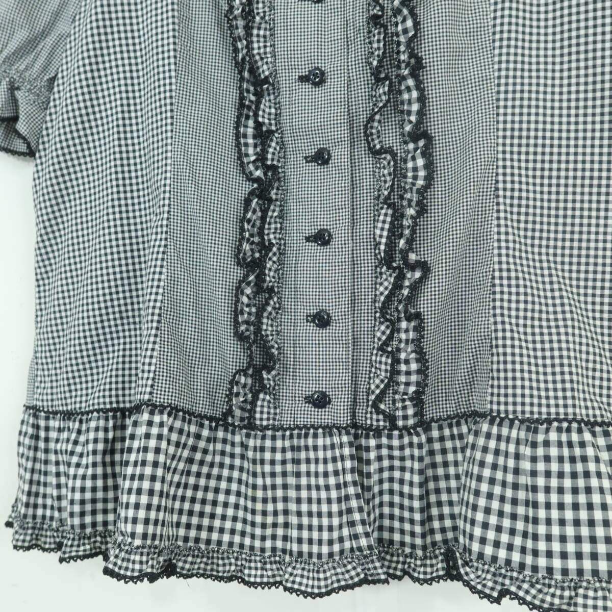 【極美品】ピンクハウス★ギンガムパッチワーク♪前開きローンブラウス 大きいサイズL 黒系 段々フリル&リボン♪z19567