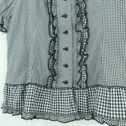 【極美品】ピンクハウス★ギンガムパッチワーク♪前開きローンブラウス 大きいサイズL 黒系 段々フリル&リボン♪z19567