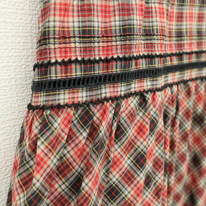 【美品】ピンクハウス★オリチェ&ギンガムptパッチワーク♪ジャンパースカート 前開き はしごレース&リボン ギンガムフリル z23294