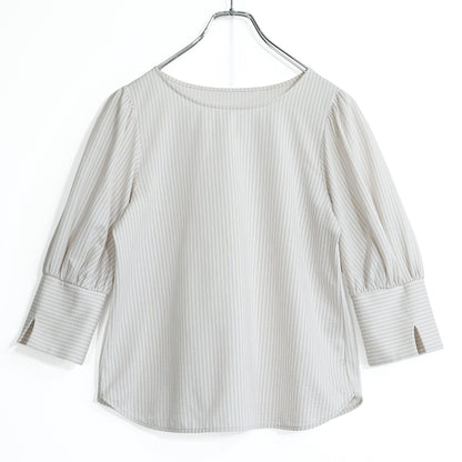 【美品】ロペ★上品なシルエット♪ ストライプブラウス 七分袖 サイズ38 ベージュ系 z22119