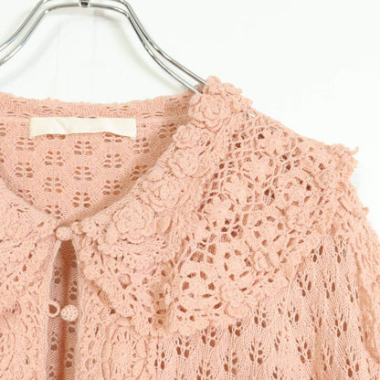 ピンクハウス★フリル襟付きカーディガン ピンク系 前開き はしごレース&サテンリボン♪透かし編み♪z13785