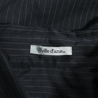 【美品！】ville d'azur ビルダジュール★ひらひらブラウス ストライプ シルク混 シンプル 前開き 黒系 z22487