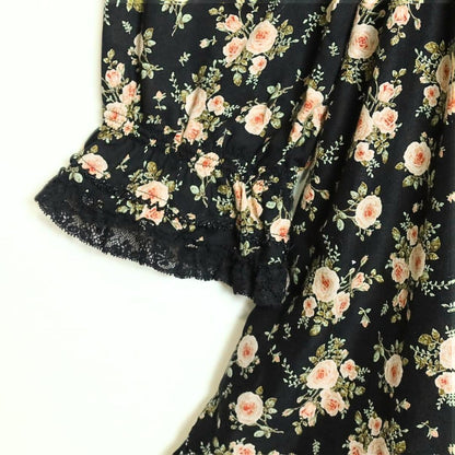 【美品】ピンクハウス★可愛い！ふんわりフリル　薔薇ptチュニックブラウス スクエアネック 黒系 ♪z.15690