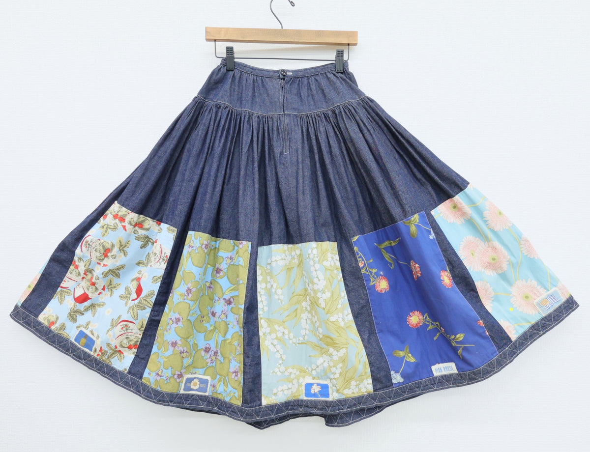 ピンクハウス★ 豪華 パッチワーク♪花柄 ブランドタグ付き デニム ロングスカート 青系 z23494