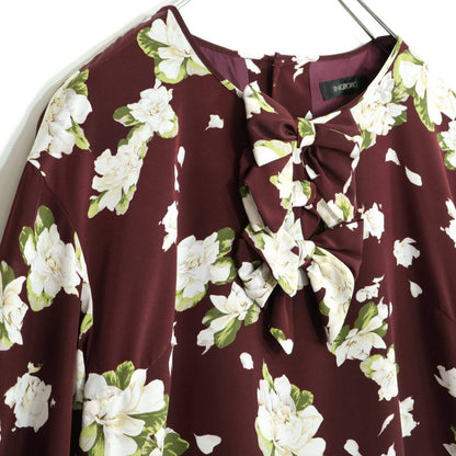 【美品】インゲボルグ★花柄pt♪ふんわり長袖ワンピース 赤茶系 大きなリボンも♪薄手 z21477
