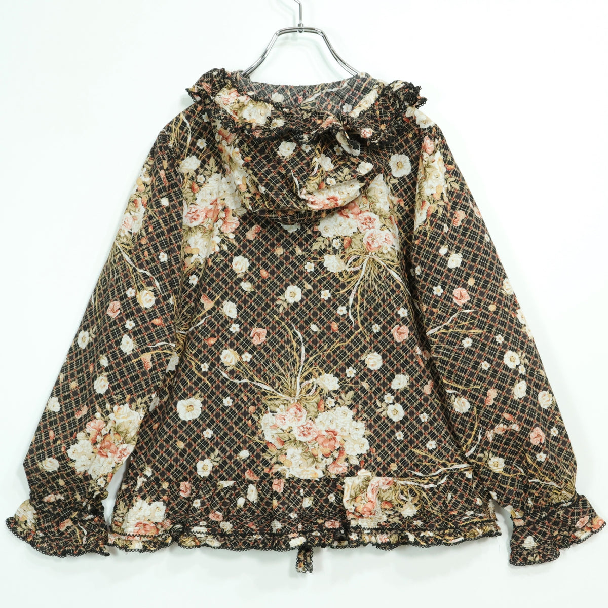 【美品】ピンクハウス★フェイバリットブーケpt♪長袖ブラウス フーディ 黒系 前開き たっぷりフリル♪z22911