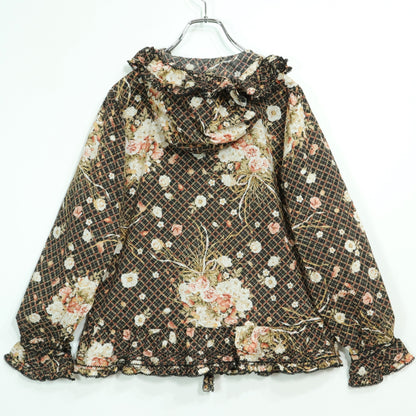 【美品】ピンクハウス★フェイバリットブーケpt♪長袖ブラウス フーディ 黒系 前開き たっぷりフリル♪z22911