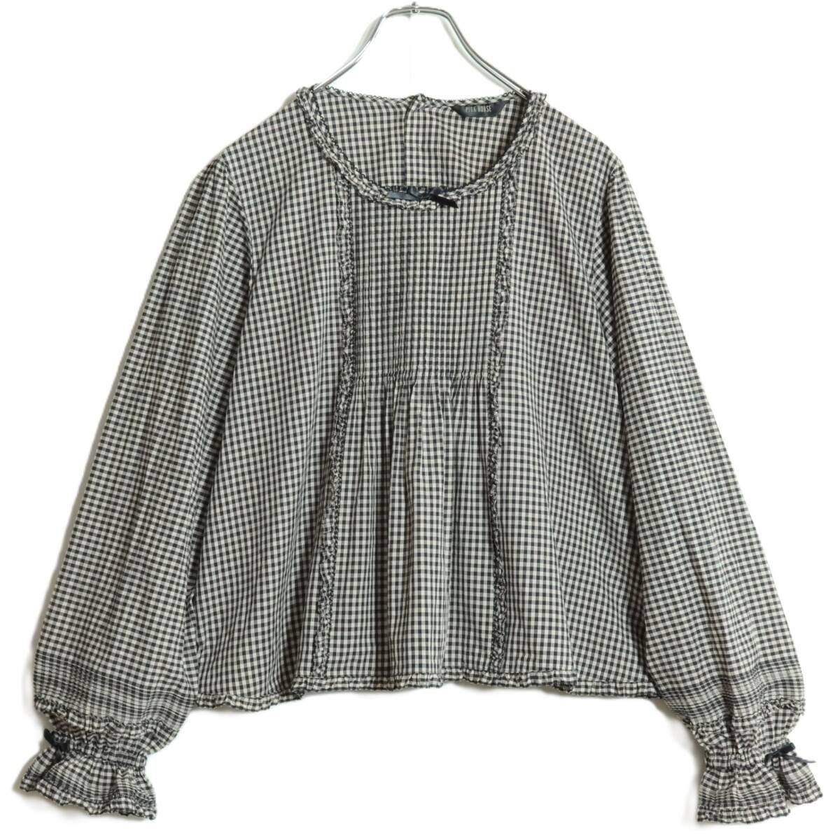 【極美品】ピンクハウス★ふんわりフォルム♪ギンガムチェックブラウス 紺系 サテンリボン♪＊z15830