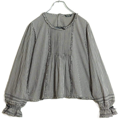 【極美品】ピンクハウス★ふんわりフォルム♪ギンガムチェックブラウス 紺系 サテンリボン♪＊z15830