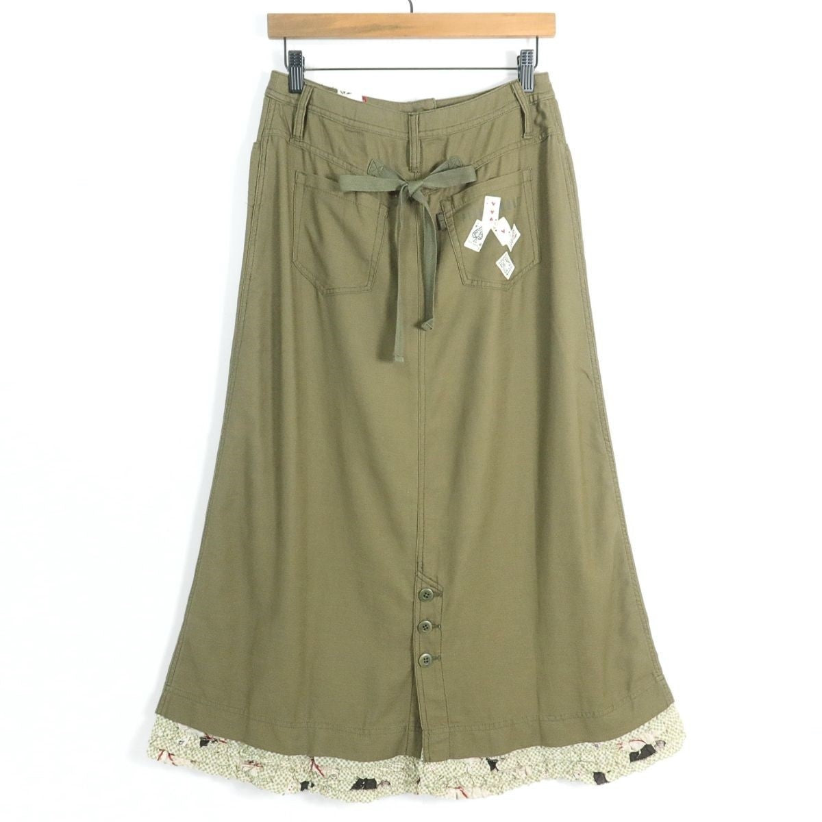 【タグ付き美品】ピンクハウス★可愛い！うさぎとトランプ柄♪ ワッペン付きロングスカート サイズL カーキ系 ＊z19579