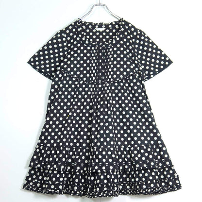 ピンクハウス★ドット&段々フリル♪ローンチュニックブラウス 黒×白系 黒レース付き♪z19621
