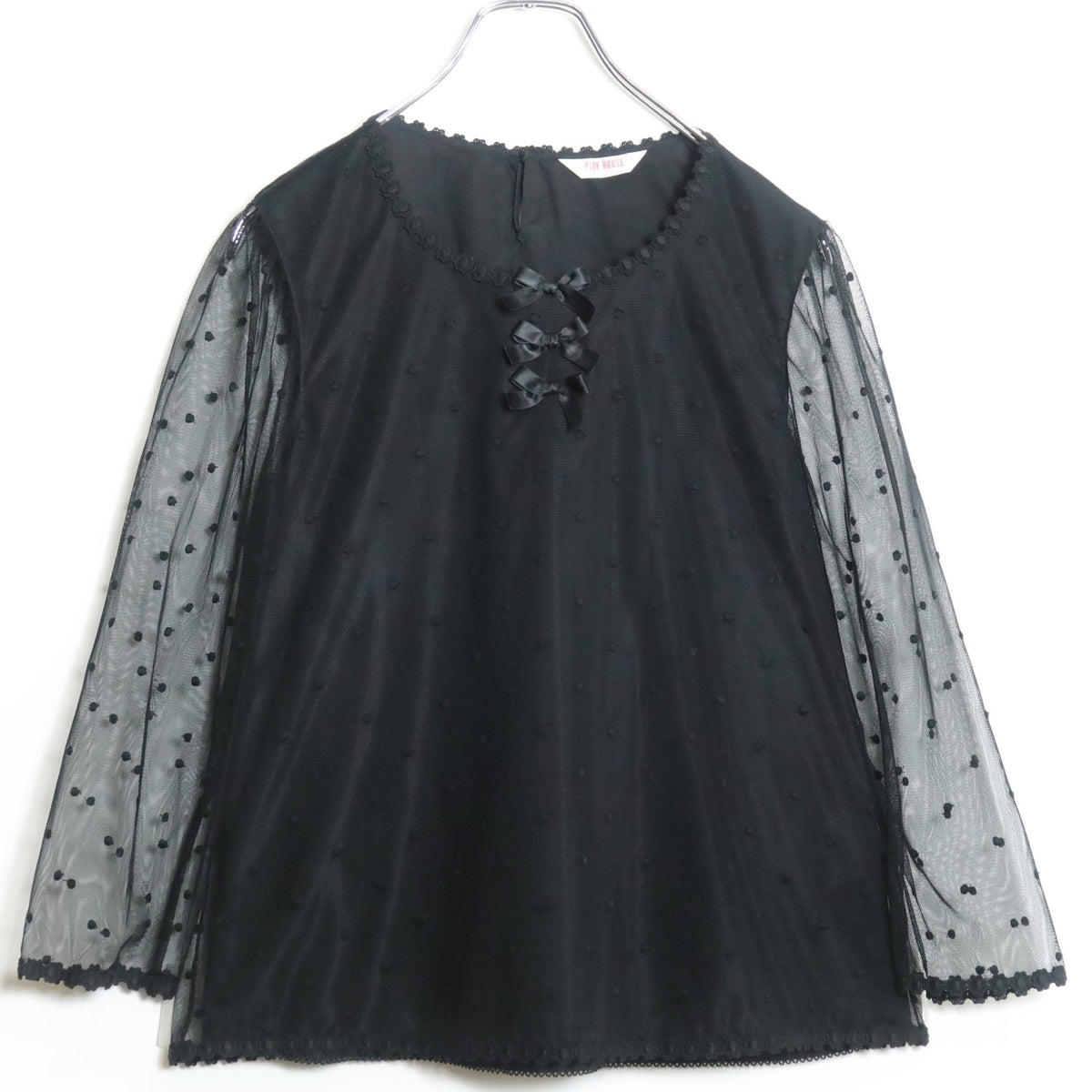 【極美品】ピンクハウス★ドットチュールレースのブラウス 大きいサイズL 黒系 リボン&お花のモチーフ付♪薄手 z18616