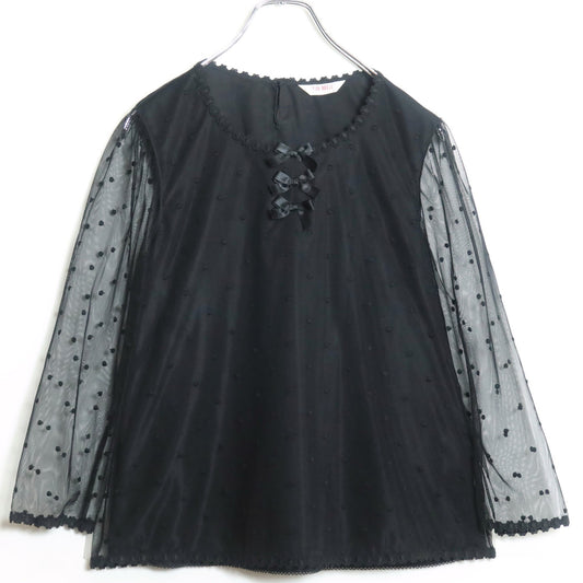 【極美品】ピンクハウス★ドットチュールレースのブラウス 大きいサイズL 黒系 リボン&お花のモチーフ付♪薄手 z18616