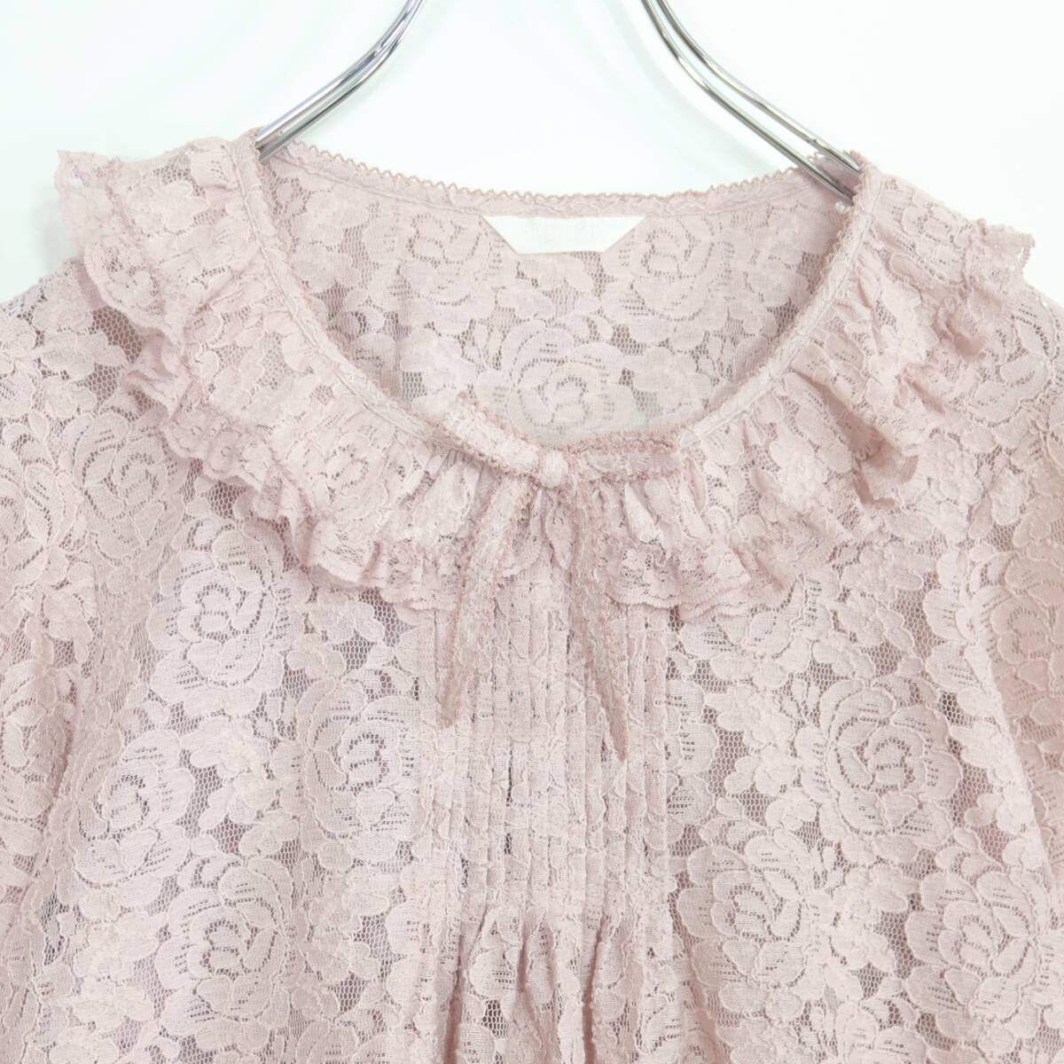 【美品】ピンクハウス★上品な総レース使いブラウス♪フリル襟 ピンタック ローズ柄 チュニック ピンク系 z19880