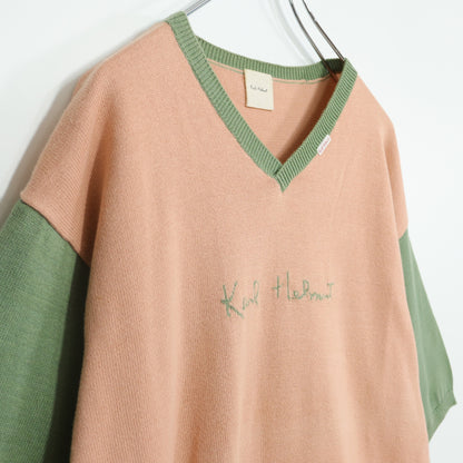 カールヘルム ピンクハウス★配色デザイン♪半袖ニット サーモンピンク×緑 無地 z