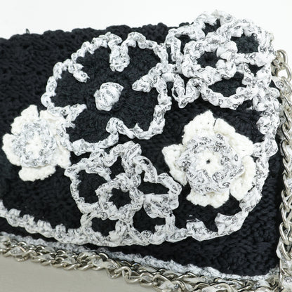 【美品！】インゲボルグ★ロゴ入りくしゅくしゅリボンが可愛い♪ ショルダーバッグ フラワーモチーフ チェーンストラップ 黒・シルバー系 ba267