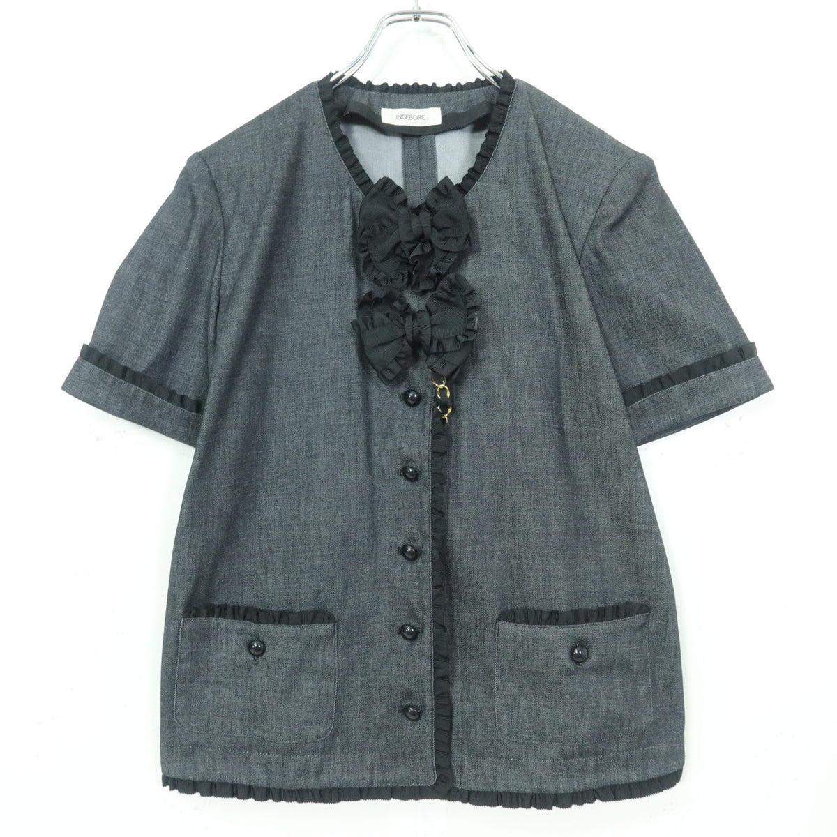 【美品】インゲボルグ★セットアップ♪大人可愛い フリル使い 3WAY ジャケット スカート 大きいサイズL 黒系 z20395